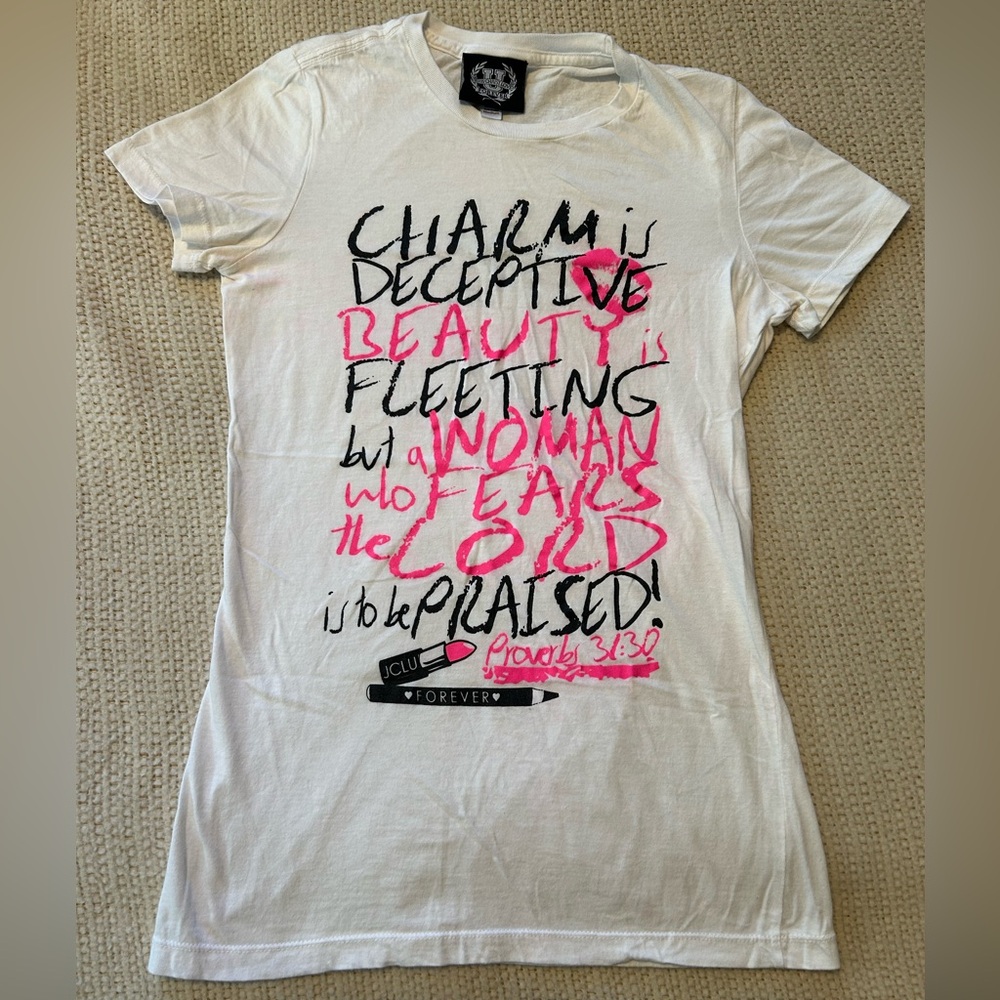 Teen girl white Proverbs 31:30 (youth medium, girl cut style)